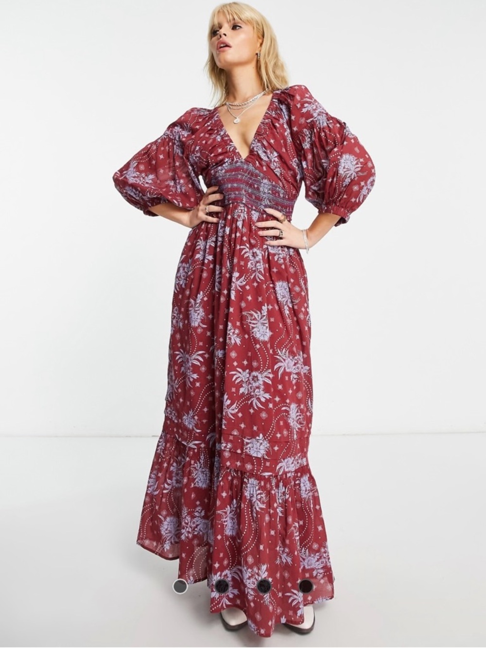 Free People Golden Hour Maxi Dress in a burgundy floral print